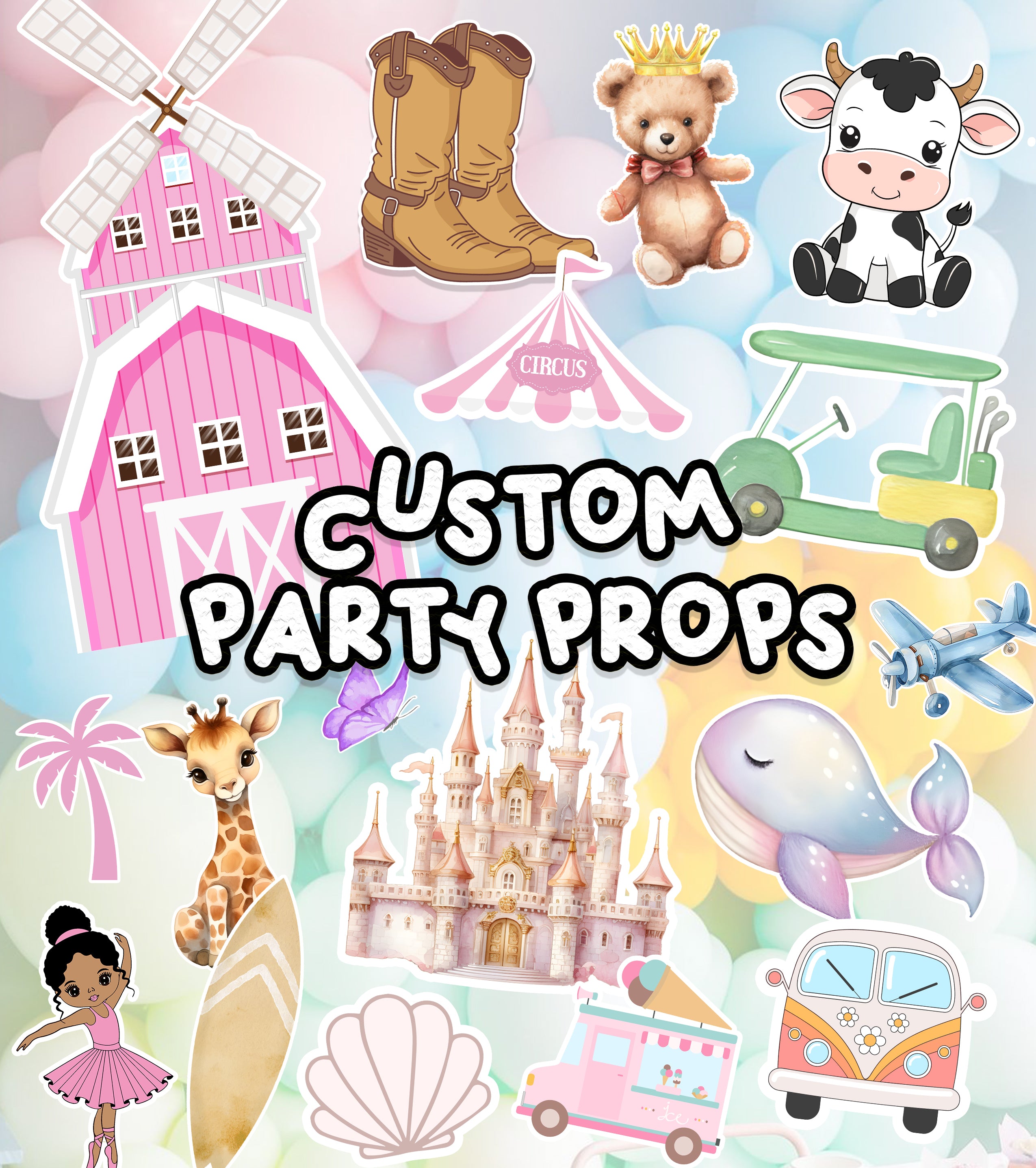 Trazos custom party prop examples including a teddy bear, castle, cow, and party decorations